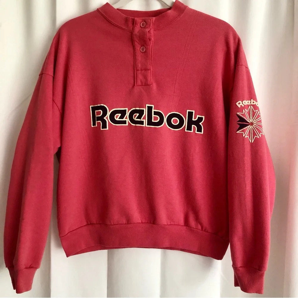 Vintage Reebok coral red sweatshirt puffed logo henley neckline size L 80’s